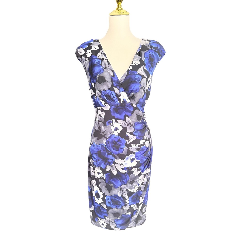 Lauren Ralph Lauren Blue Floral Ruched Surplice V-Neck Sheath Dress Womens 12